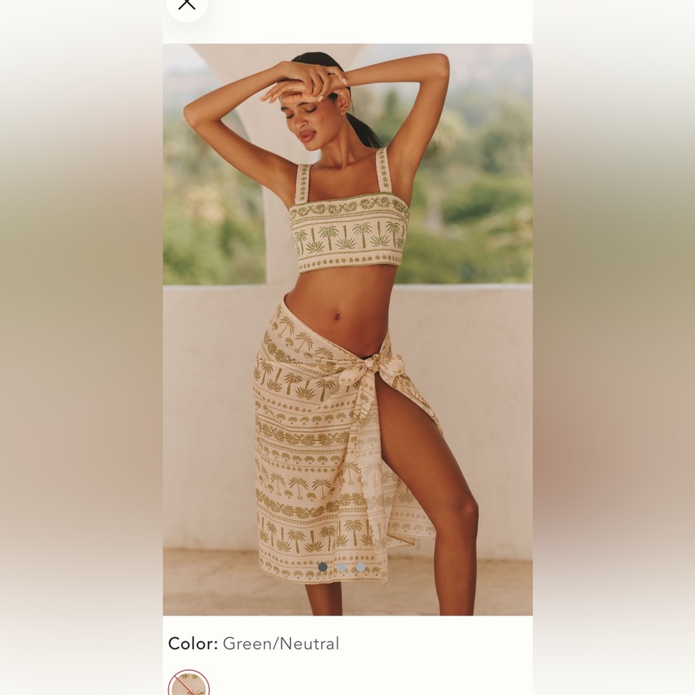 Women’s Two-Piece Green Patterned beaded Crop Top and Wrap sarong